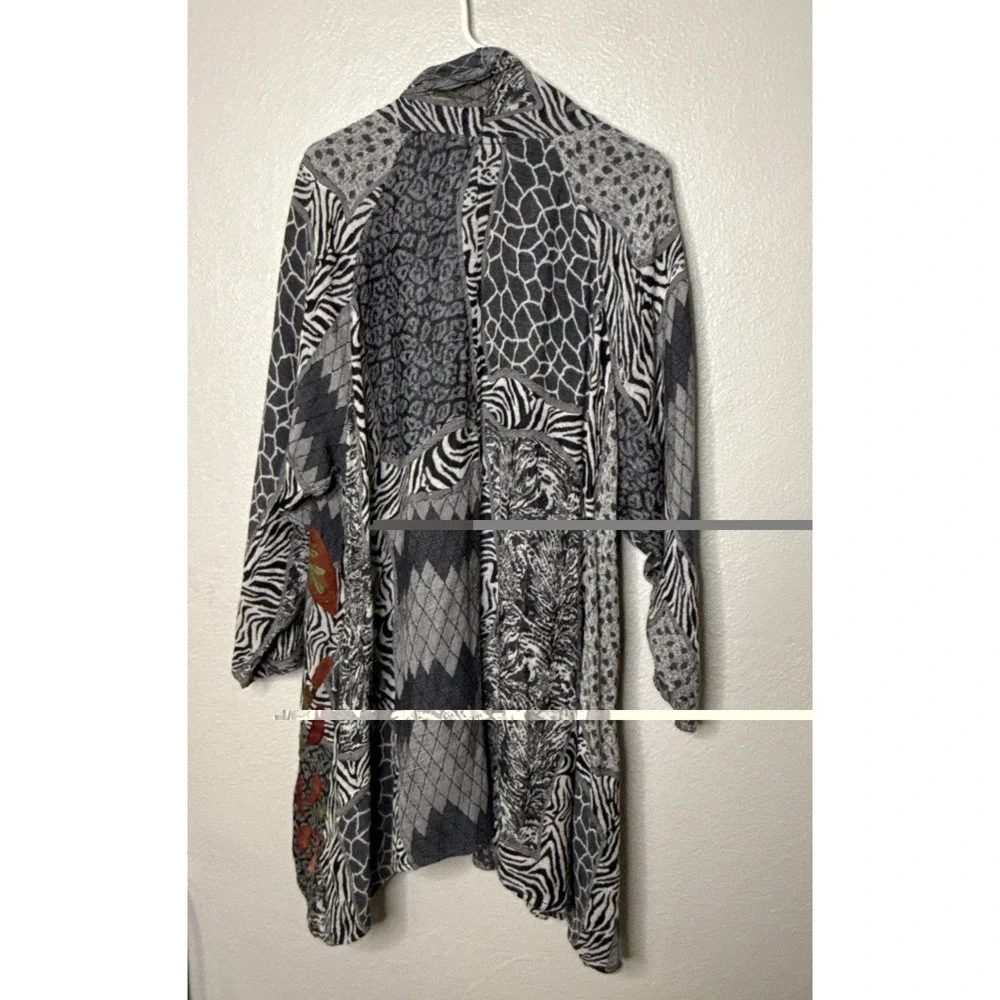 ANU L Cardigan Boho Embroidered Kimono Jacket Textured Floral Pockets Wool